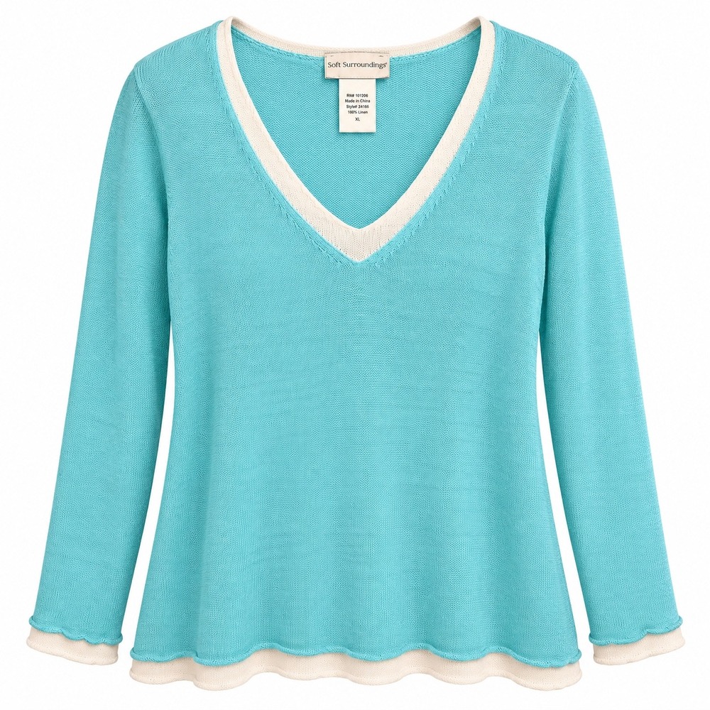 Soft Surroundings XL 100% Linen Sweater Aqua Blue White Trim V Neck Coastal